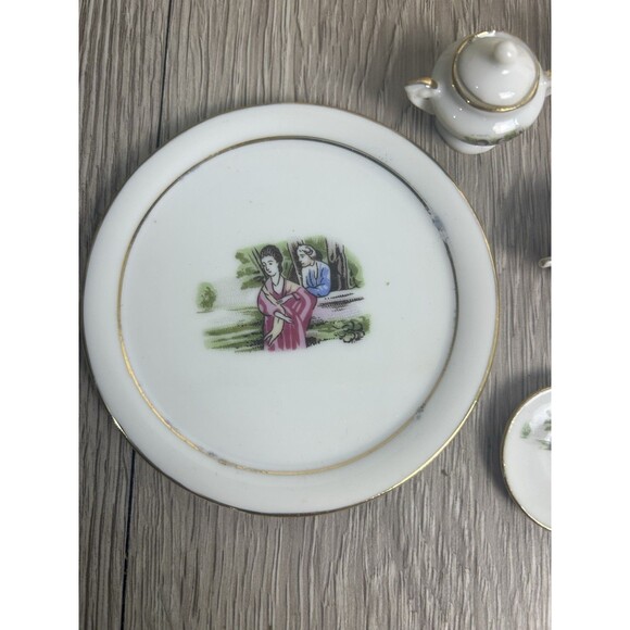 Vintage Limoges Style Miniature Tea Set Porcelain w/Courting Couple 10-pc + Box - Picture 3 of 7